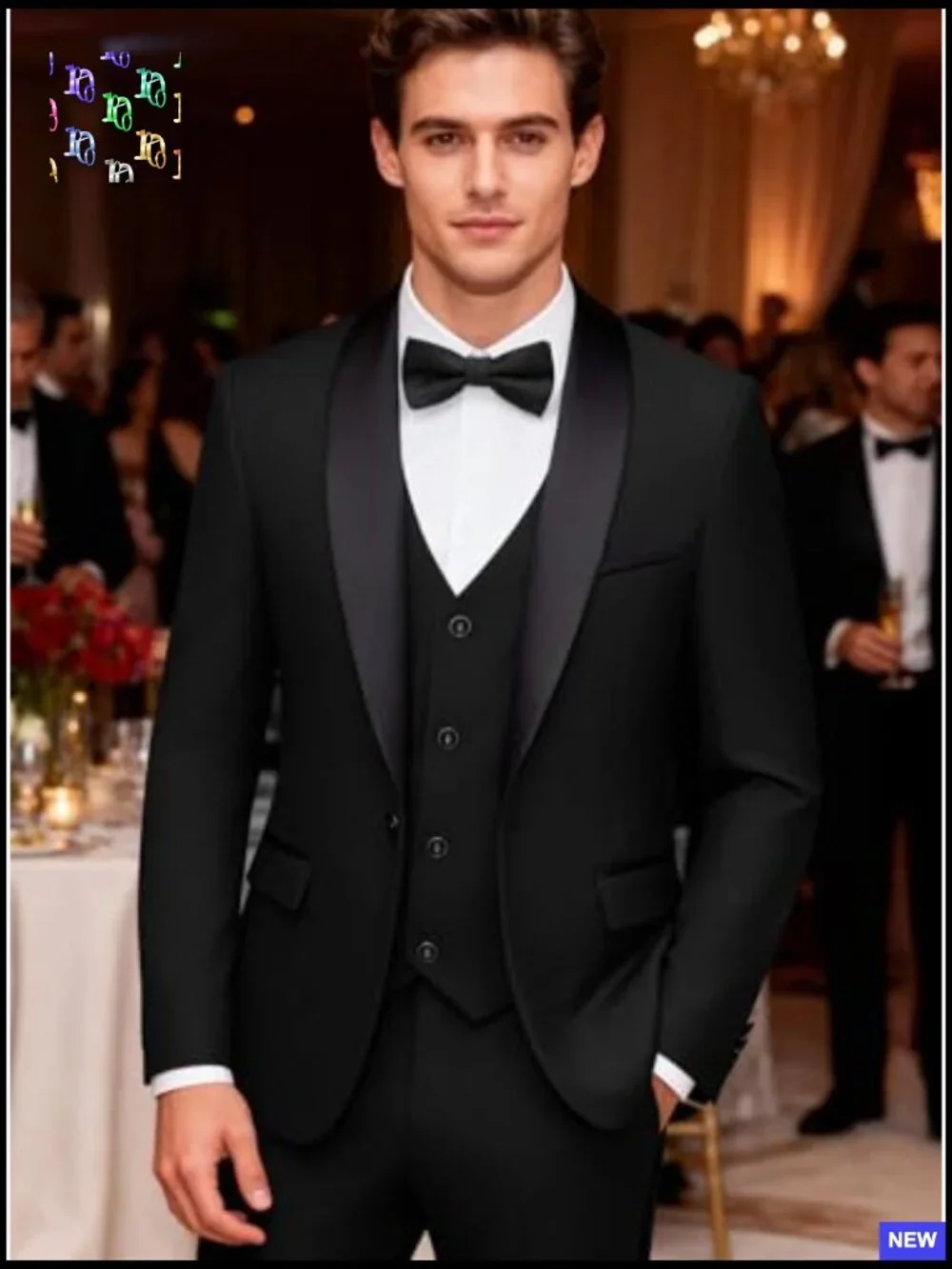 Slim Fit Tuxedo Suit Set Shawl Lapel Blazer Vest Pants Formal Elegant